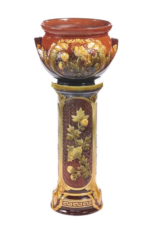 Antique Glazed Staffordshire Pottery Jardiniere on Stand
