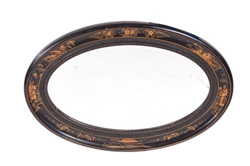 Antique Oval Chinoiserie Lacquered Decorated Wall Mirror
