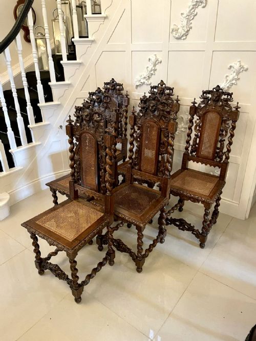 Magnificent Exhibition Quality Victorian Italian Profusely Carved Solid Walnut Set of Eight Dining Chairs