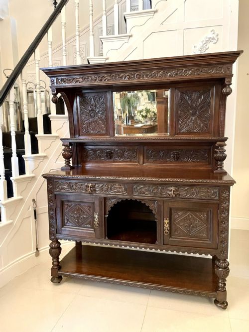 Antique Victorian Quality Carved Oak Mirror Back Sideboard 
