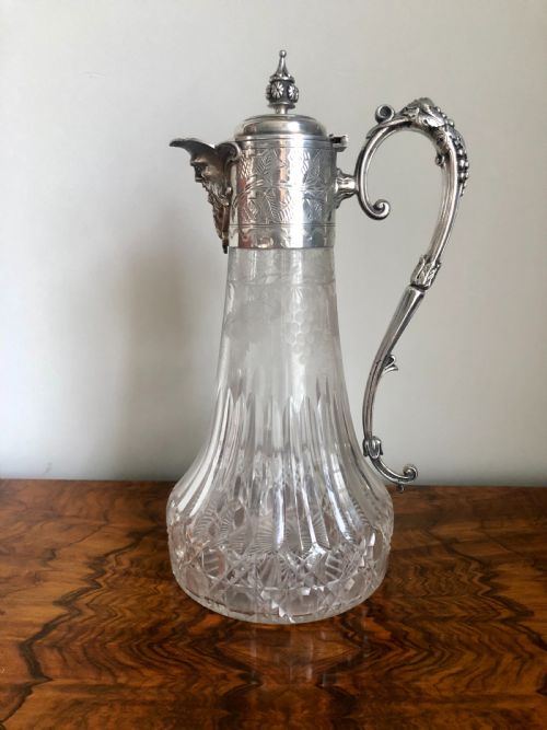 Antique Victorian Etched Glass and Silver Plated Claret Jug