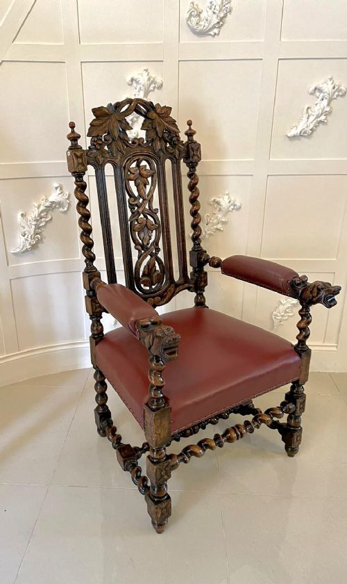 Large Antique Victorian Quality Carved Oak Armchair
