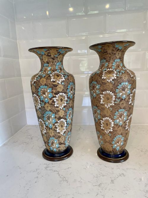 Large Pair of Antique Victorian Lambeth Doulton Vases 
