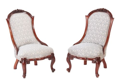 Quality Pair of Antique Victorian Carved Walnut Ladies Chairs