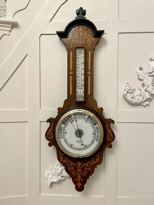 Antique Victorian Quality Rosewood Inlaid Aneroid Banjo Barometer 
