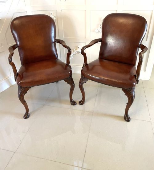 Pair of Antique Quality Leather and Carved Mahogany Desk Chairs

