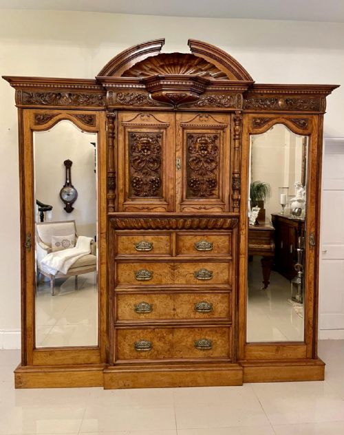 Exceptional Quality Antique Victorian Large Burr Walnut and Oak Carved Wardrobe
