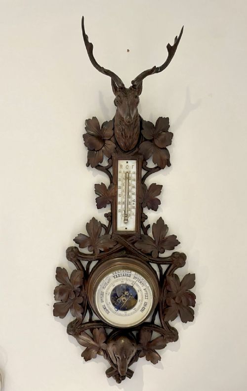 Quality Antique Black Forest Carved Walnut Aneroid Barometer