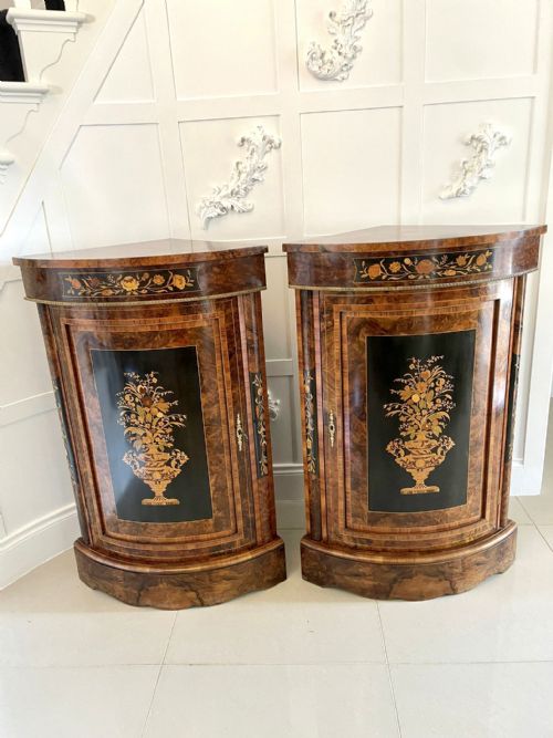 Fine Pair of Antique Victorian Quality Burr Walnut Marquetry Inlaid Corner Cabinets
