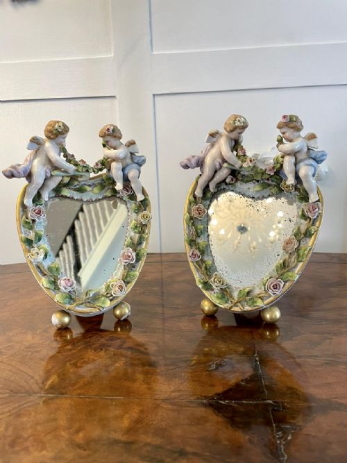 Antique Pair of Continental Porcelain Heart Shaped Mirrors

