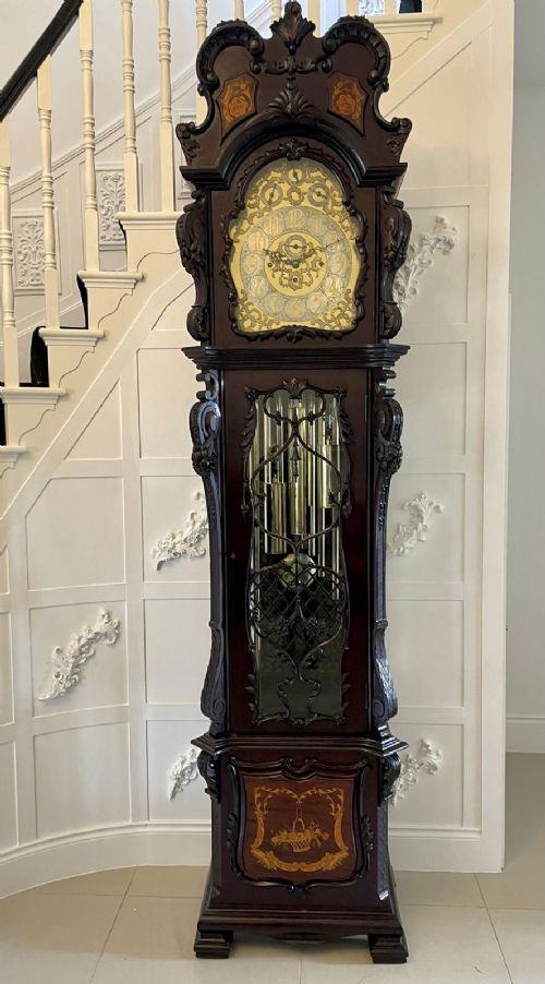 Extremely Large Exhibition Quality Antique Victorian Carved Mahogany and Marquetry Tubular Chiming Longcase Clock 
