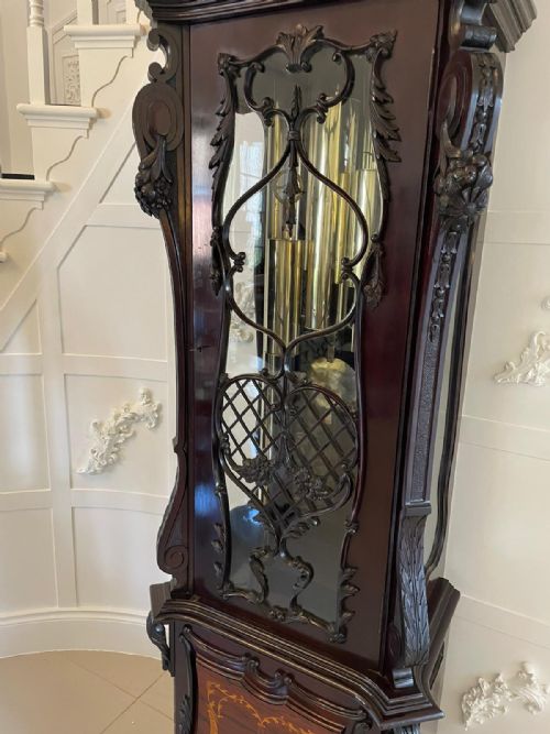 fig 1. Extremely Large Exhibition Quality Antique Victorian Carved Mahogany and Marquetry Tubular Chiming Longcase Clock