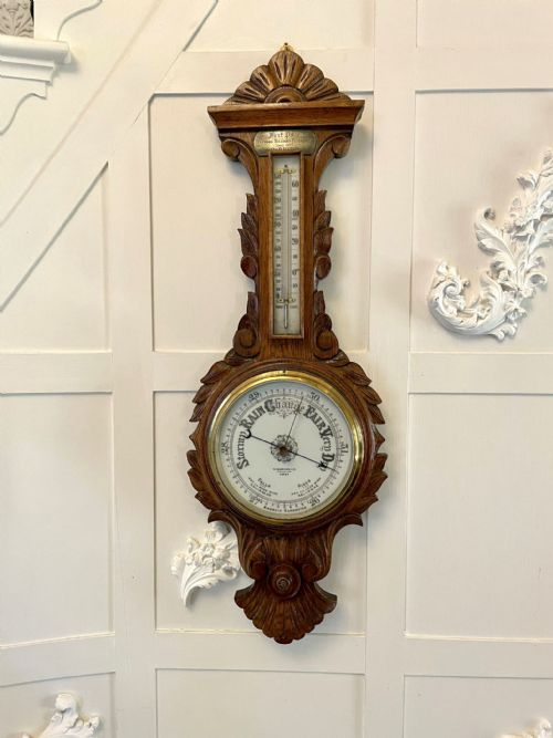Antique Edwardian Quality Carved Oak Aneroid Banjo Barometer 
