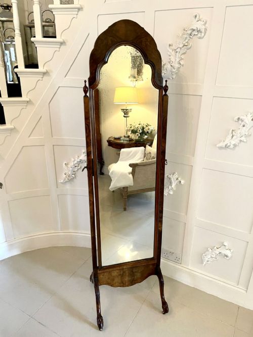 Antique Quality Burr Walnut Carved Cheval Mirror 
