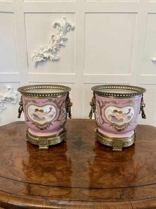 Quality Pair of Antique Victorian Continental Porcelain and Ormolu Mounted Jardinières 
