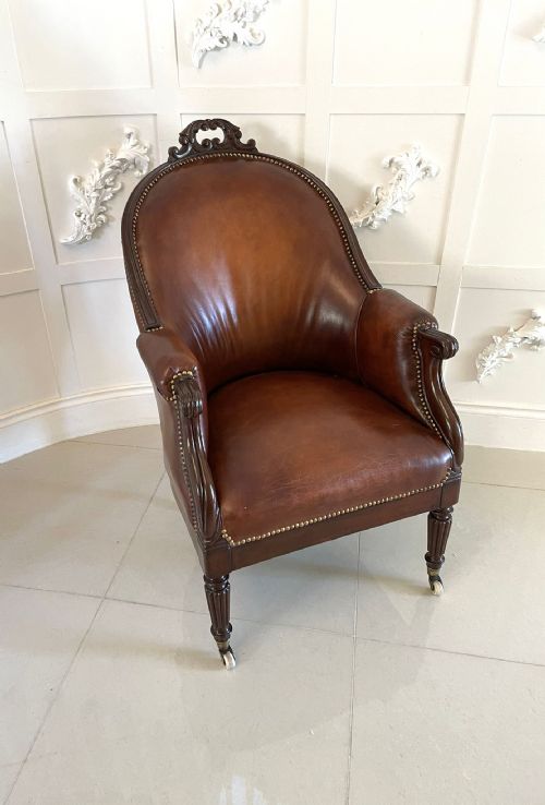 Outstanding Quality Antique Regency Carved Mahogany and Leather Library Chair 
