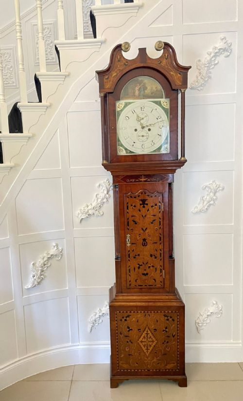 Outstanding Antique Quality Inlaid Marquetry Oak and Mahogany George III Longcase Clock Signed Rowntree, York
