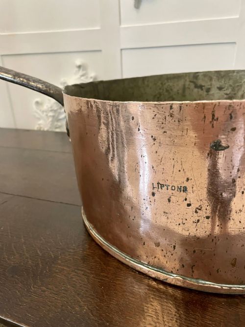 LARGE ANTIQUE GEORGE III QUALITY COPPER SAUCEPAN STAMPED LIPTONS - ADDITIONAL PHOTO 3