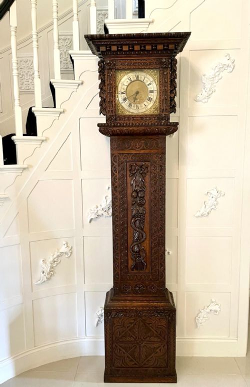 Outstanding Quality Carved Oak Brass Face Grandfather Clock