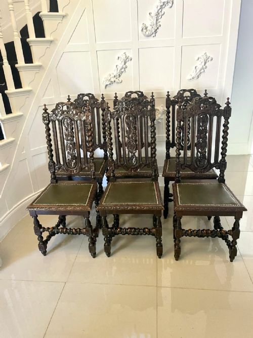 Set of 6 Antique Victorian Quality Carved Oak Chairs 
