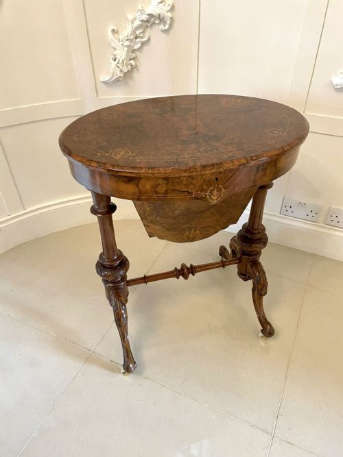 Fine Quality Antique Victorian Inlaid Burr Walnut Oval Work Table 
