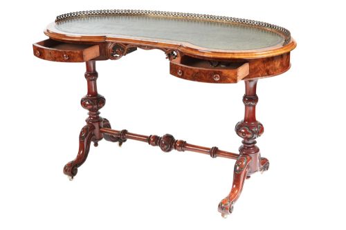 FINE ANTIQUE VICTORIAN BURR WALNUT KIDNEY SHAPED WRITING DESK - ADDITIONAL PHOTO 17