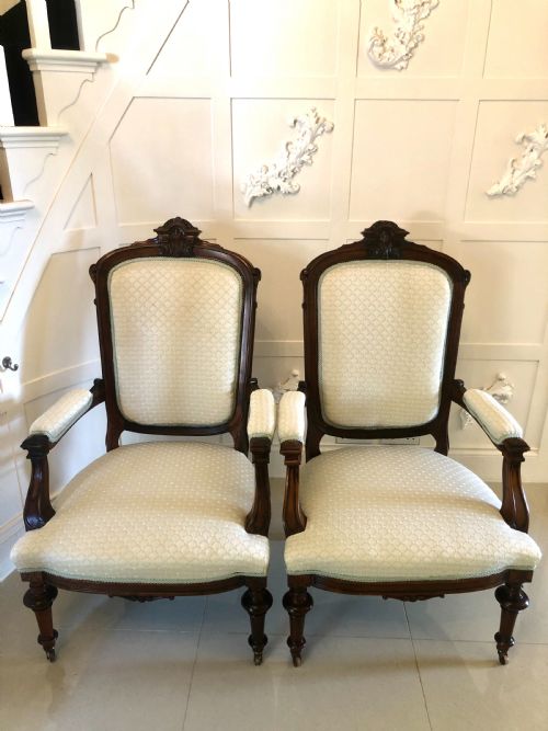 Fine Pair of Antique Victorian Carved Rosewood Library Chairs

