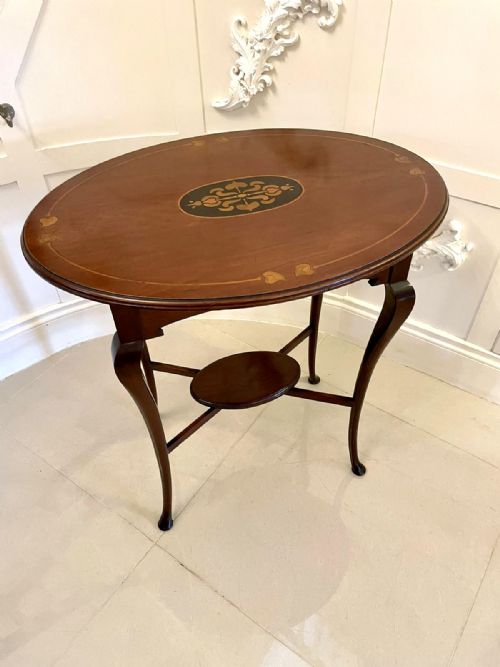 QUALITY ANTIQUE ART NOUVEAU INLAID MAHOGANY OVAL LAMP TABLE - ADDITIONAL PHOTO 2