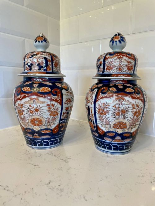 Quality Pair of Antique Imari Lidded Vases
