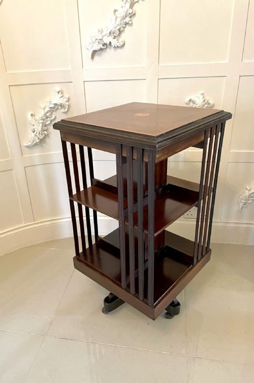 Antique Edwardian Mahogany Inlaid Revolving Bookcase