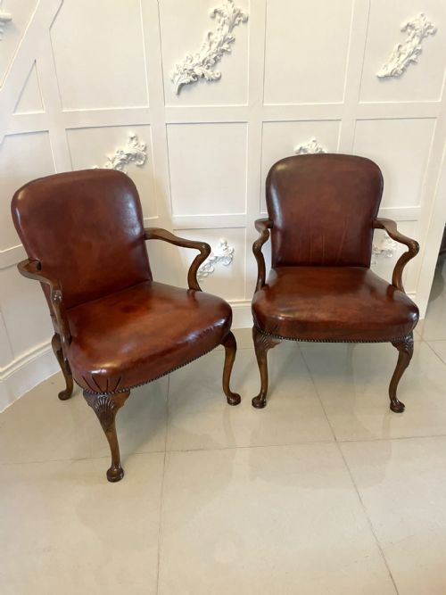 Pair of Antique Quality Leather and Carved Walnut Desk Chairs