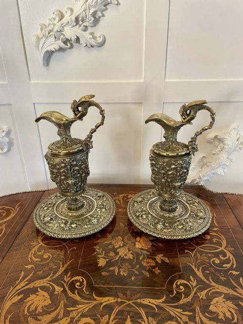 Superb Quality Pair of Antique Victorian Gilded Brass Ewers and Dishes