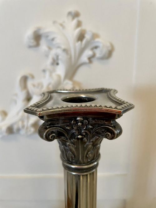 ANTIQUE PAIR OF SILVER PLATED CORINTHIAN CANDLESTICKS - ADDITIONAL PHOTO 1