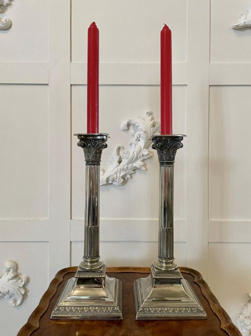 ANTIQUE PAIR OF SILVER PLATED CORINTHIAN CANDLESTICKS - ADDITIONAL PHOTO 8