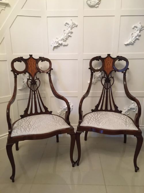 Outstanding Pair of 19th Century Victorian Antique Mahogany Inlaid Armchairs
