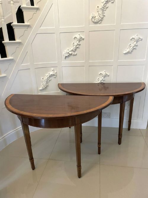 Pair of Antique George III Quality Figured Mahogany Demi Lune Console Tables 
