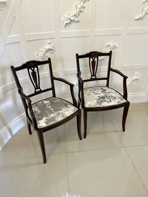 Pair of Antique Edwardian Mahogany Inlaid Armchairs
