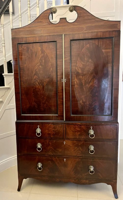 Outstanding Quality Antique Regency Figured Mahogany Inlaid Linen Press
