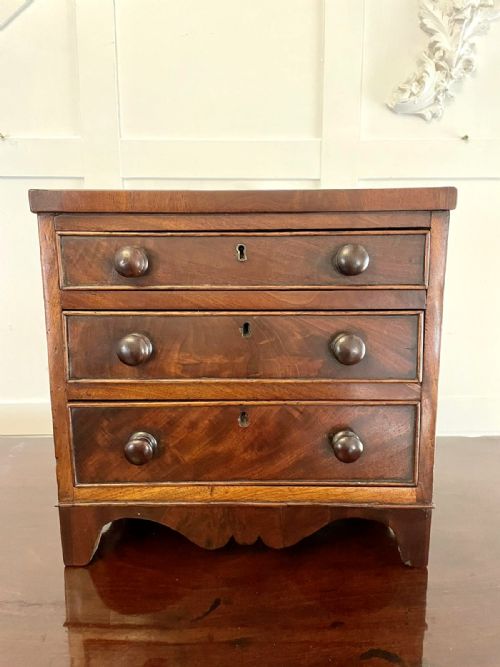 Antique George III Quality Figured Mahogany Miniature Chest of 3 Drawers 
