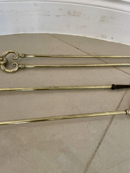 ANTIQUE VICTORIAN QUALITY SET OF 3 BRASS FIRE IRONS - ADDITIONAL PHOTO 1