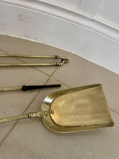 ANTIQUE VICTORIAN QUALITY SET OF 3 BRASS FIRE IRONS - ADDITIONAL PHOTO 5