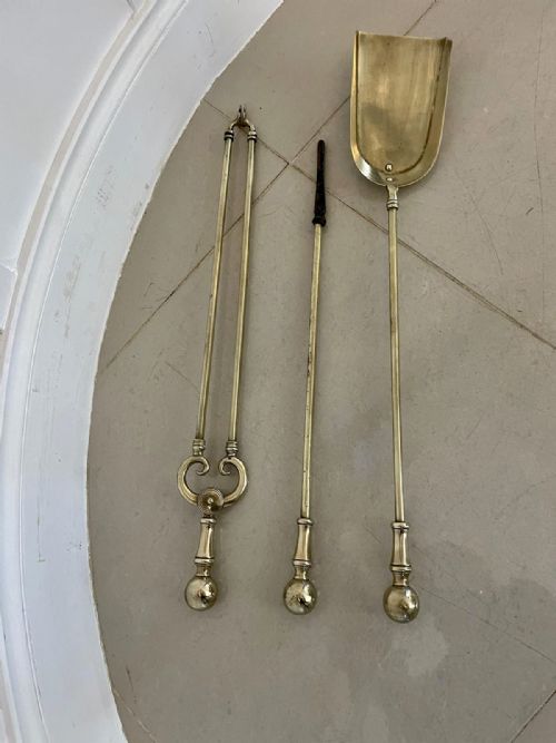 ANTIQUE VICTORIAN QUALITY SET OF 3 BRASS FIRE IRONS - ADDITIONAL PHOTO 7