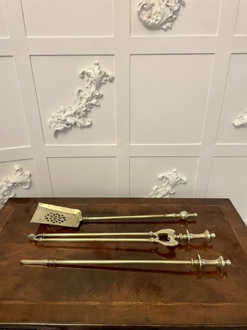 Three Antique Victorian Quality Brass Fire Irons 
