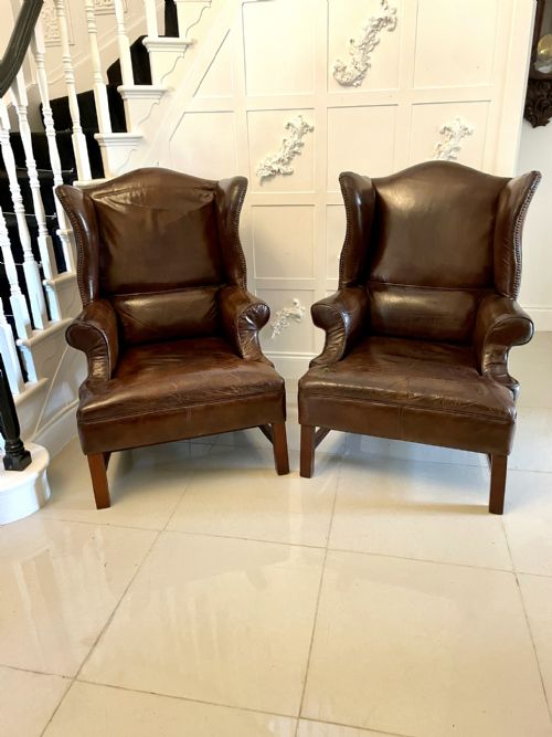 Large Pair of Antique Quality Brown Leather Wing Chairs