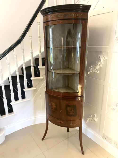 Antique Victorian Quality Mahogany and Painted Decorated Bow Fronted Corner Display Cabinet