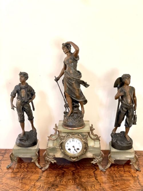 fig 1. Antique 19th Century French Spelter and Onyx Three Piece Clock Garniture