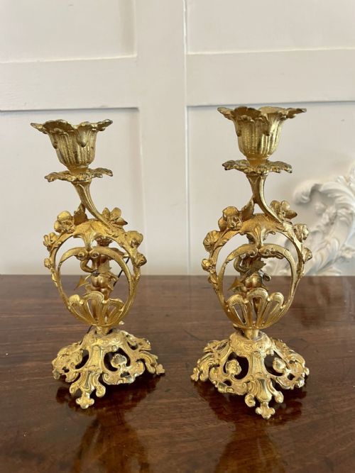 Antique Pair of Fine French Victorian Ornate Gilded Candlesticks