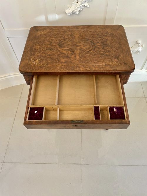 ANTIQUE VICTORIAN QUALITY BURR WALNUT INLAID WORK TABLE - ADDITIONAL PHOTO 13