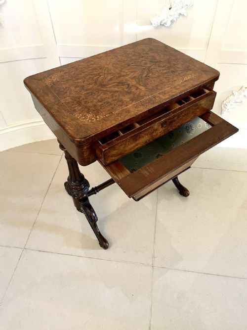 ANTIQUE VICTORIAN QUALITY BURR WALNUT INLAID WORK TABLE - ADDITIONAL PHOTO 16