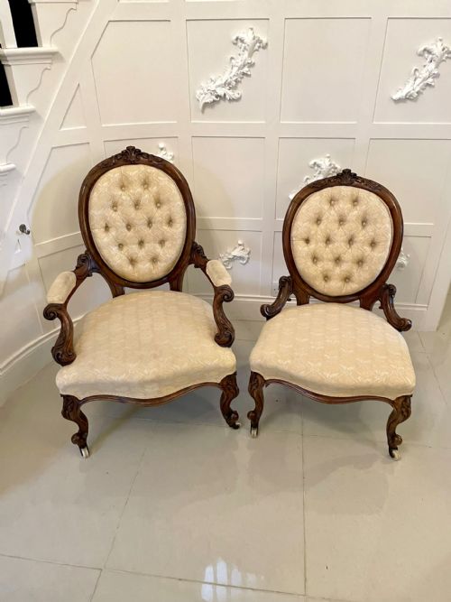 Superb Quality Antique Victorian Pair of Walnut Framed Ladies and Gentlemens Chairs